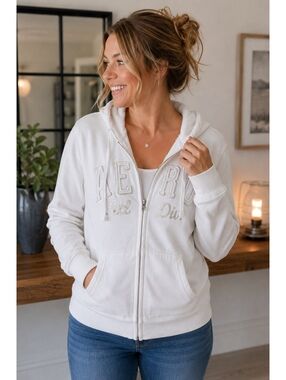 Vintage Aeropostale Women’s XL White Sherpa Lined Zip Hoodie Full Zip Jacket